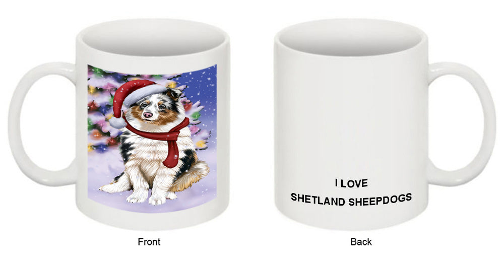 Winterland Wonderland Shetland Sheepdog In Christmas Holiday Scenic Background  Coffee Mug MUG48817
