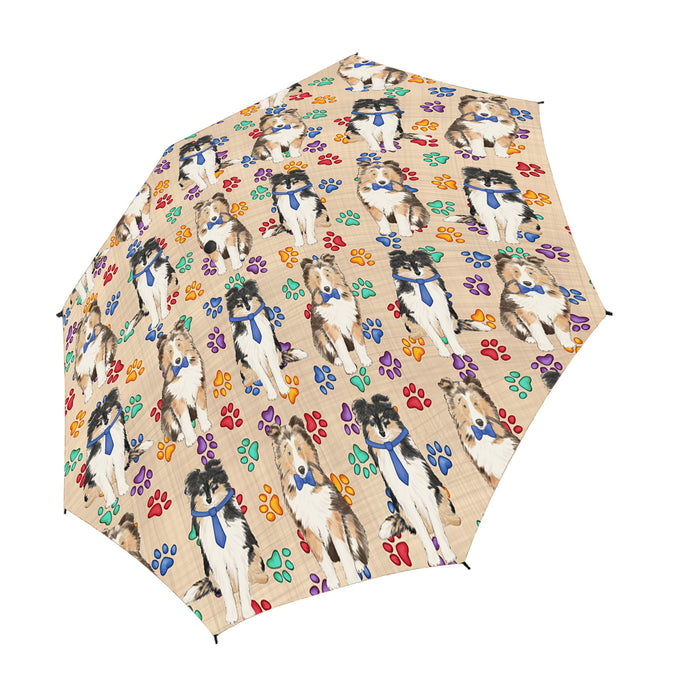 Rainbow Paw Print Shetland Sheepdog Blue Semi-Automatic Foldable Umbrella