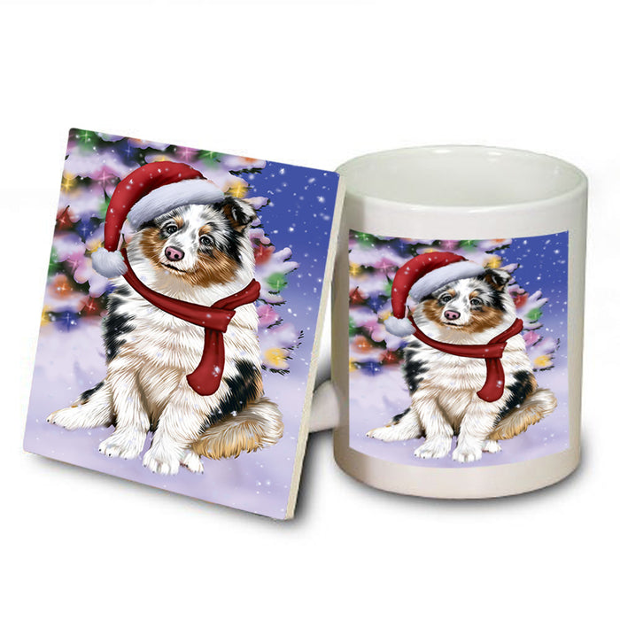 Winterland Wonderland Shetland Sheepdog In Christmas Holiday Scenic Background  Mug and Coaster Set MUC53411