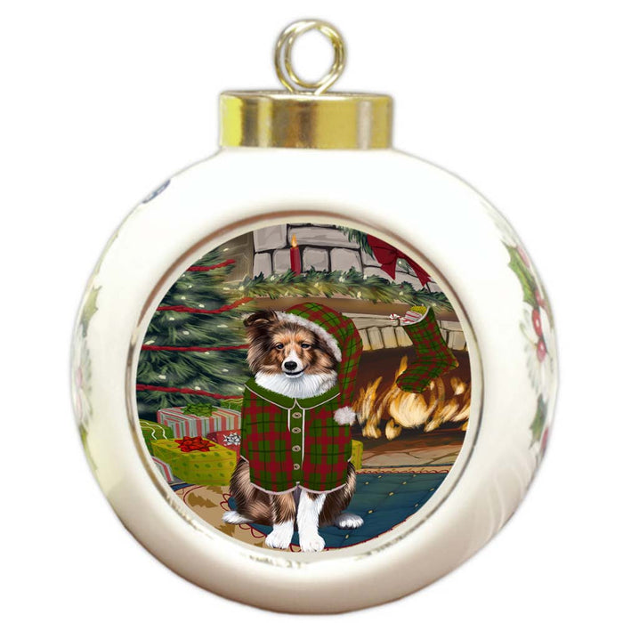 The Stocking was Hung Shetland Sheepdog Round Ball Christmas Ornament RBPOR55966