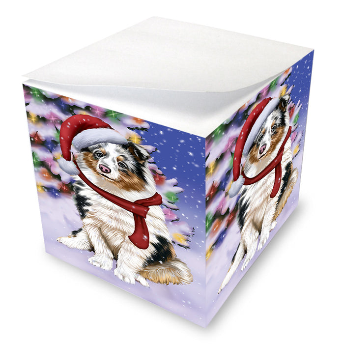 Winterland Wonderland Shetland Sheepdog In Christmas Holiday Scenic Background Note Cube NOC53419