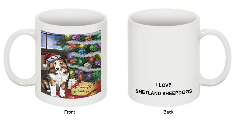 Christmas Happy Holidays Shetland Sheepdog with Tree and Presents Coffee Mug MUG49256