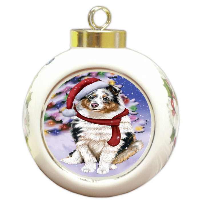 Winterland Wonderland Shetland Sheepdog In Christmas Holiday Scenic Background  Round Ball Christmas Ornament RBPOR53419