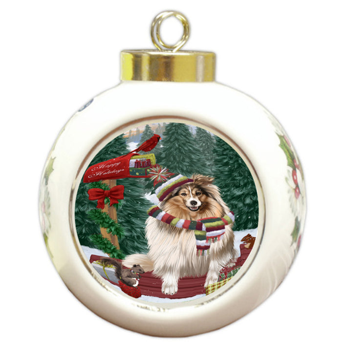 Merry Christmas Woodland Sled Shetland Sheepdog Round Ball Christmas Ornament RBPOR55387
