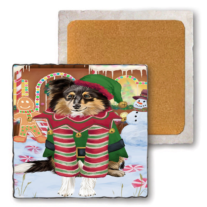 Christmas Gingerbread House Candyfest Shetland Sheepdog Set of 4 Natural Stone Marble Tile Coasters MCST51544