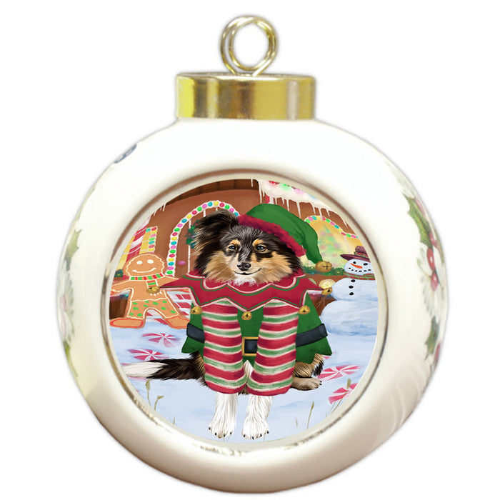 Christmas Gingerbread House Candyfest Shetland Sheepdog Round Ball Christmas Ornament RBPOR56900