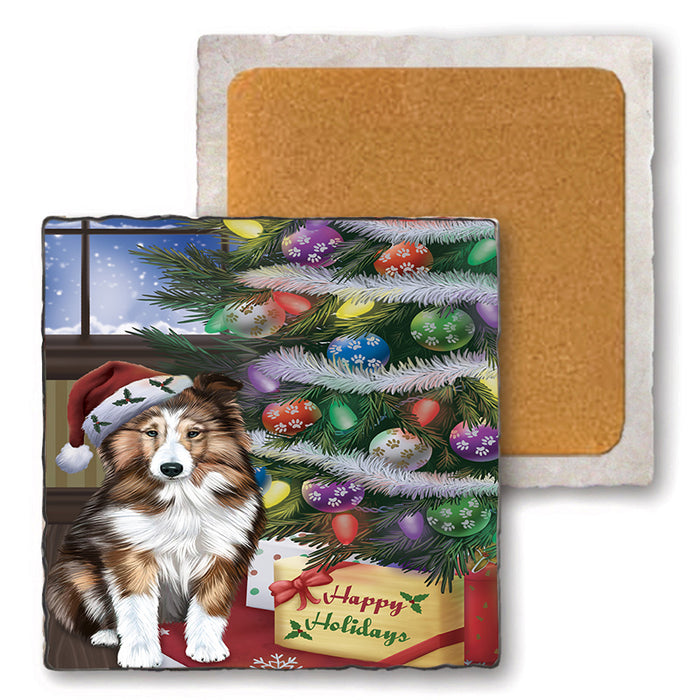Christmas Happy Holidays Shetland Sheepdog with Tree and Presents Set of 4 Natural Stone Marble Tile Coasters MCST48858