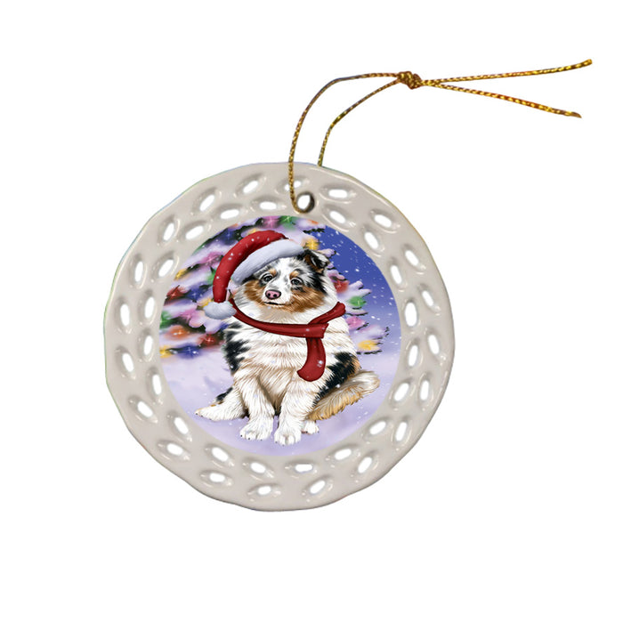Winterland Wonderland Shetland Sheepdog In Christmas Holiday Scenic Background  Ceramic Doily Ornament DPOR53419