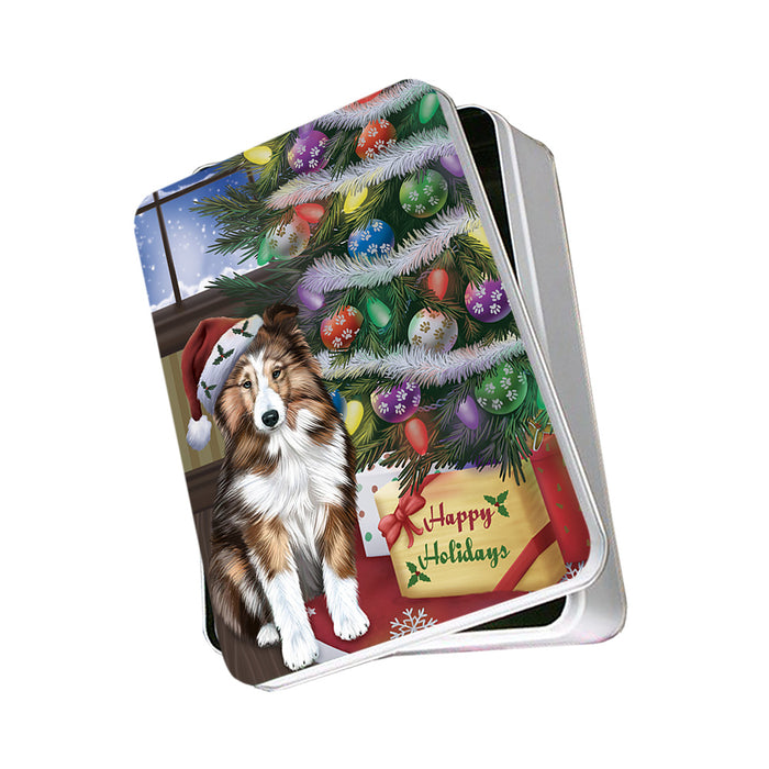 Christmas Happy Holidays Shetland Sheepdog with Tree and Presents Photo Storage Tin PITN53801