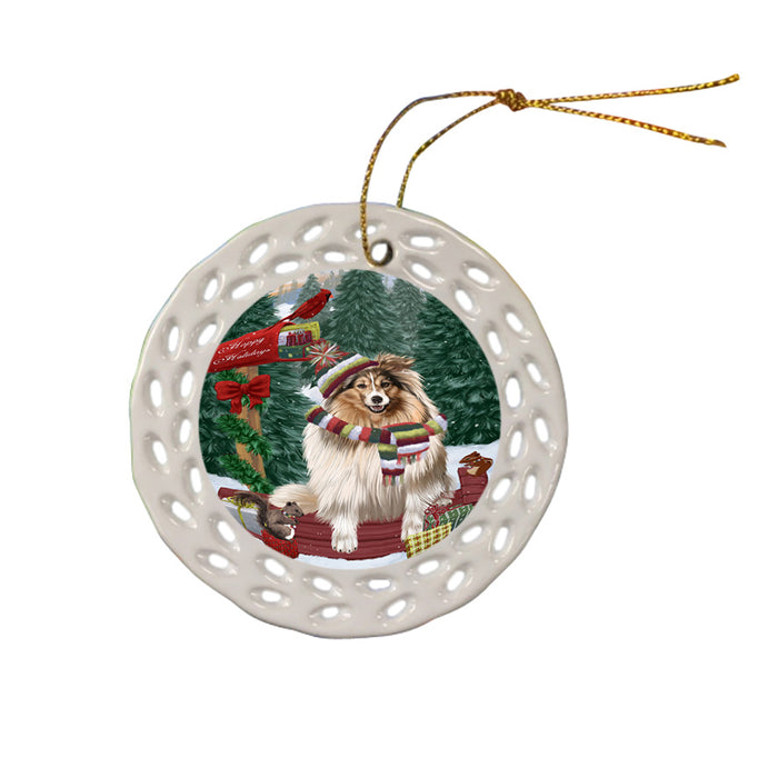 Merry Christmas Woodland Sled Shetland Sheepdog Ceramic Doily Ornament DPOR55387