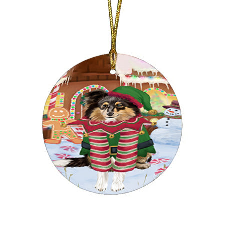 Christmas Gingerbread House Candyfest Shetland Sheepdog Round Flat Christmas Ornament RFPOR56900