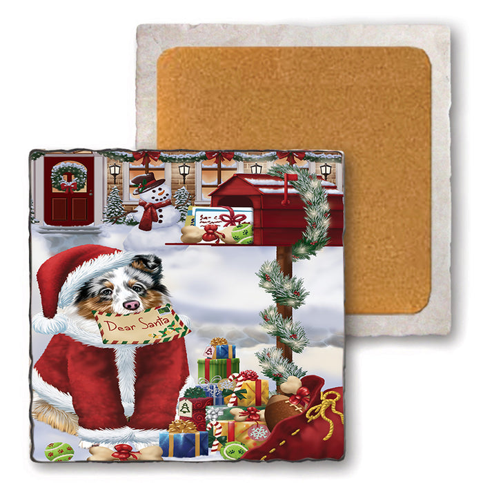 Shetland Sheepdog Dear Santa Letter Christmas Holiday Mailbox Set of 4 Natural Stone Marble Tile Coasters MCST48927