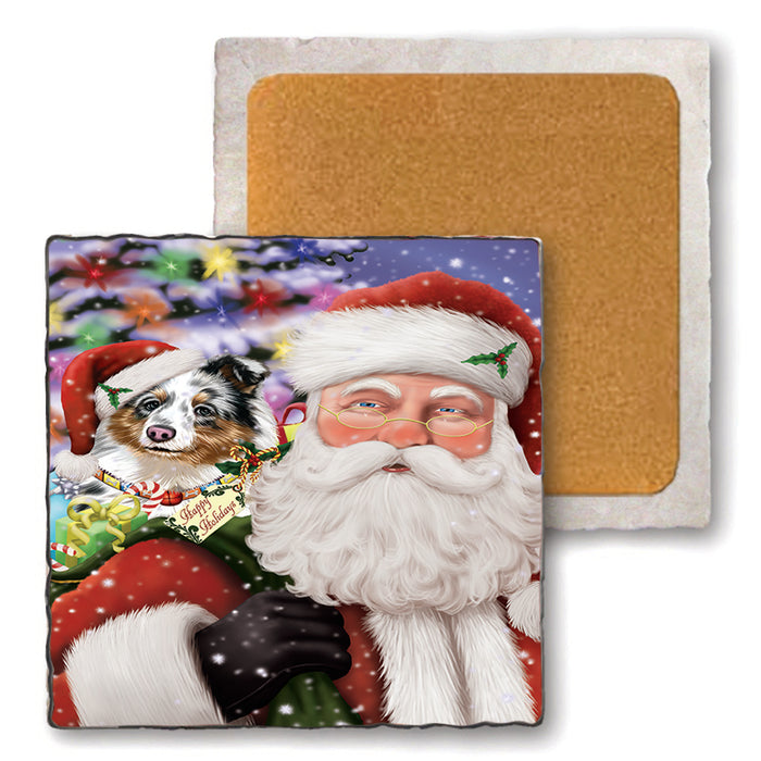 Santa Carrying Shetland Sheepdog and Christmas Presents Set of 4 Natural Stone Marble Tile Coasters MCST49016