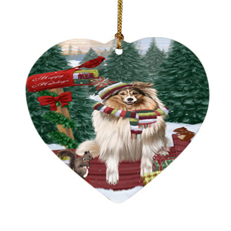 Merry Christmas Woodland Sled Shetland Sheepdog Heart Christmas Ornament HPOR55387
