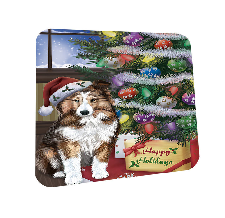Christmas Happy Holidays Shetland Sheepdog with Tree and Presents Coasters Set of 4 CST53816