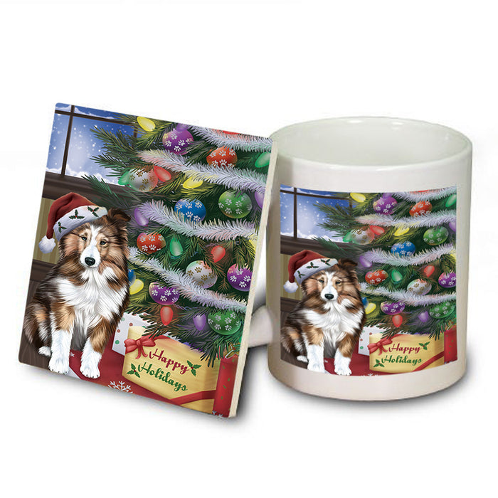Christmas Happy Holidays Shetland Sheepdog with Tree and Presents Mug and Coaster Set MUC53850