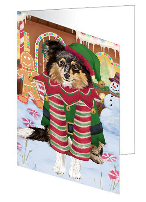 Christmas Gingerbread House Candyfest Shetland Sheepdog Handmade Artwork Assorted Pets Greeting Cards and Note Cards with Envelopes for All Occasions and Holiday Seasons GCD74147