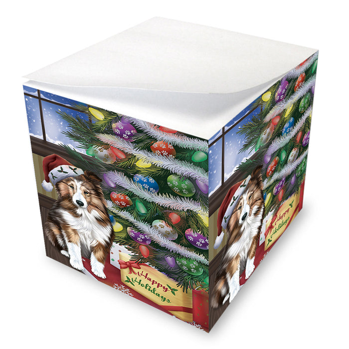Christmas Happy Holidays Shetland Sheepdog with Tree and Presents Note Cube NOC55504