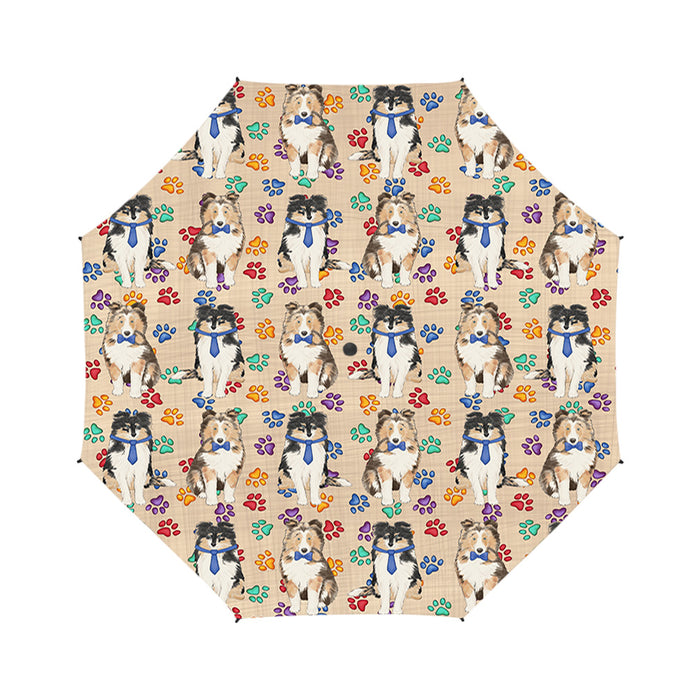 Rainbow Paw Print Shetland Sheepdog Blue Semi-Automatic Foldable Umbrella