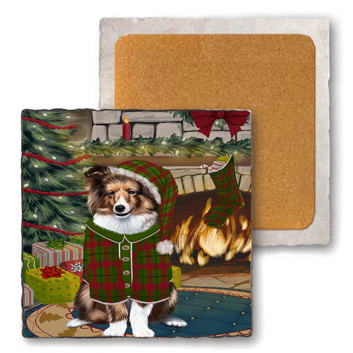 The Stocking was Hung Shetland Sheepdog Set of 4 Natural Stone Marble Tile Coasters MCST50610
