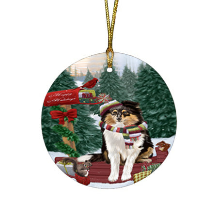 Merry Christmas Woodland Sled Shetland Sheepdog Round Flat Christmas Ornament RFPOR55388