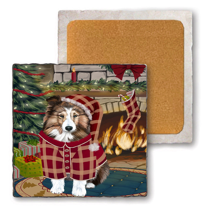 The Stocking was Hung Shetland Sheepdog Set of 4 Natural Stone Marble Tile Coasters MCST50611