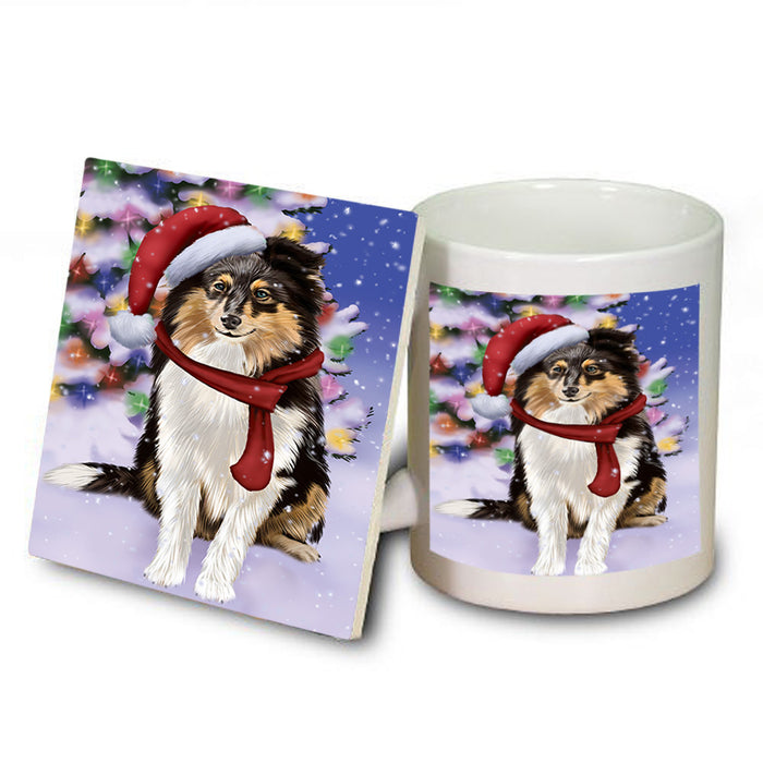 Winterland Wonderland Shetland Sheepdog In Christmas Holiday Scenic Background  Mug and Coaster Set MUC53412