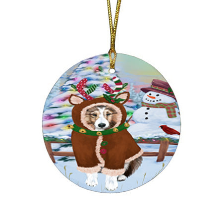 Christmas Gingerbread House Candyfest Shetland Sheepdog Round Flat Christmas Ornament RFPOR56901