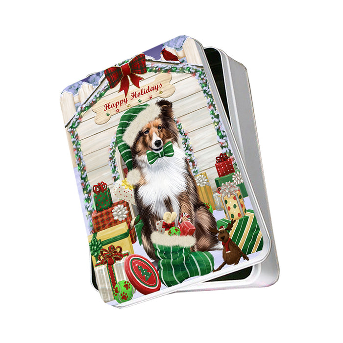 Happy Holidays Christmas Shetland Sheepdog House With Presents Photo Storage Tin PITN51501