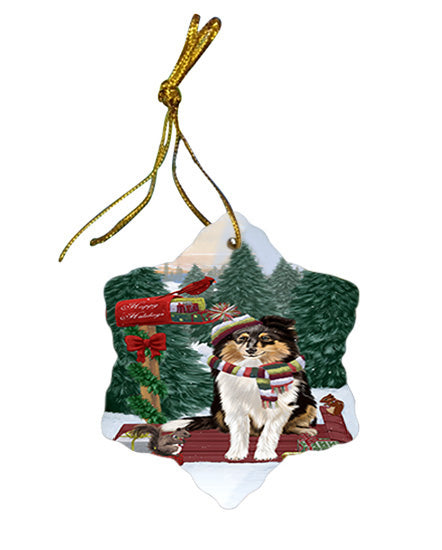 Merry Christmas Woodland Sled Shetland Sheepdog Star Porcelain Ornament SPOR55388