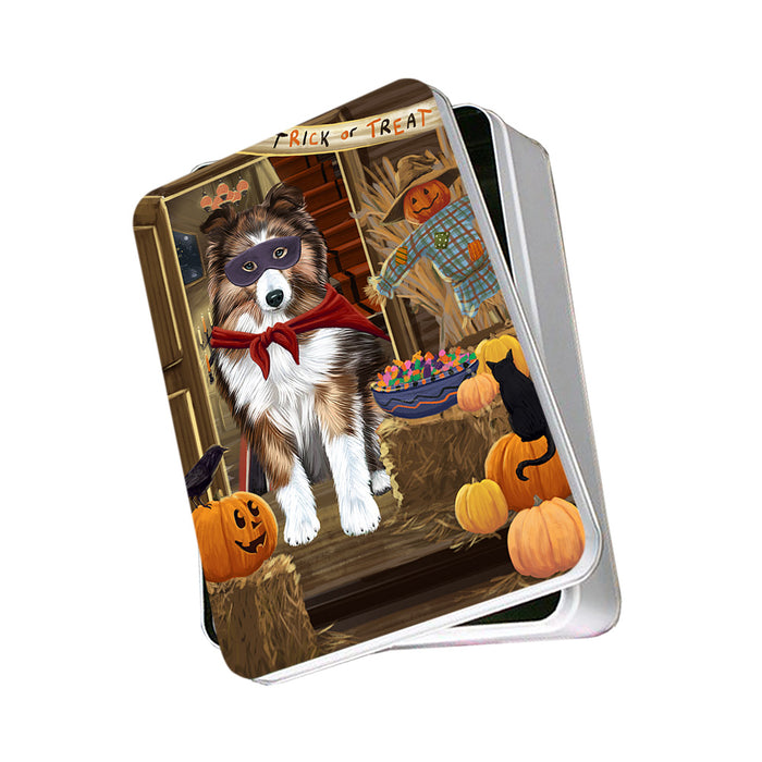 Enter at Own Risk Trick or Treat Halloween Shetland Sheepdog Photo Storage Tin PITN53280