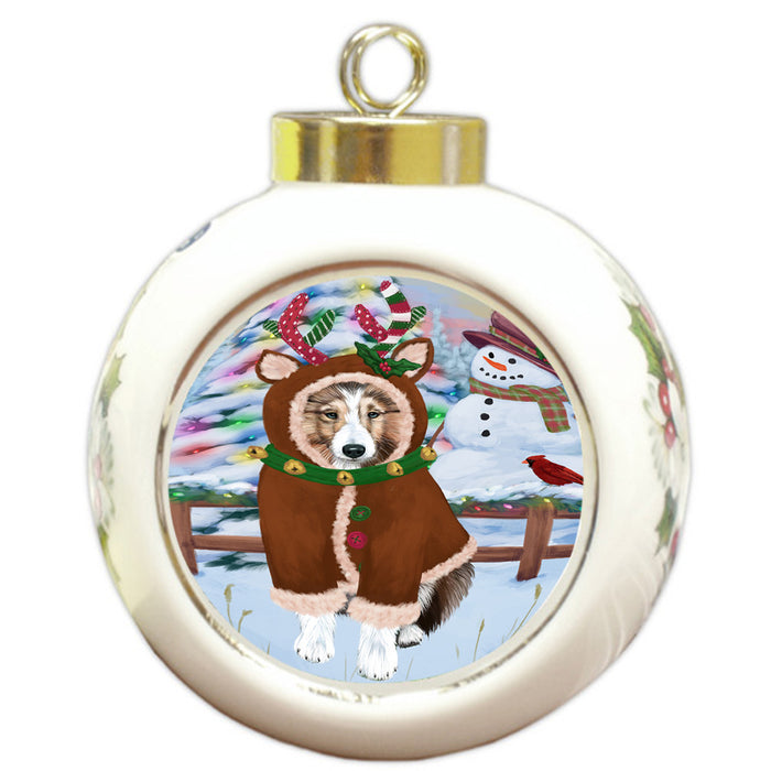 Christmas Gingerbread House Candyfest Shetland Sheepdog Round Ball Christmas Ornament RBPOR56901