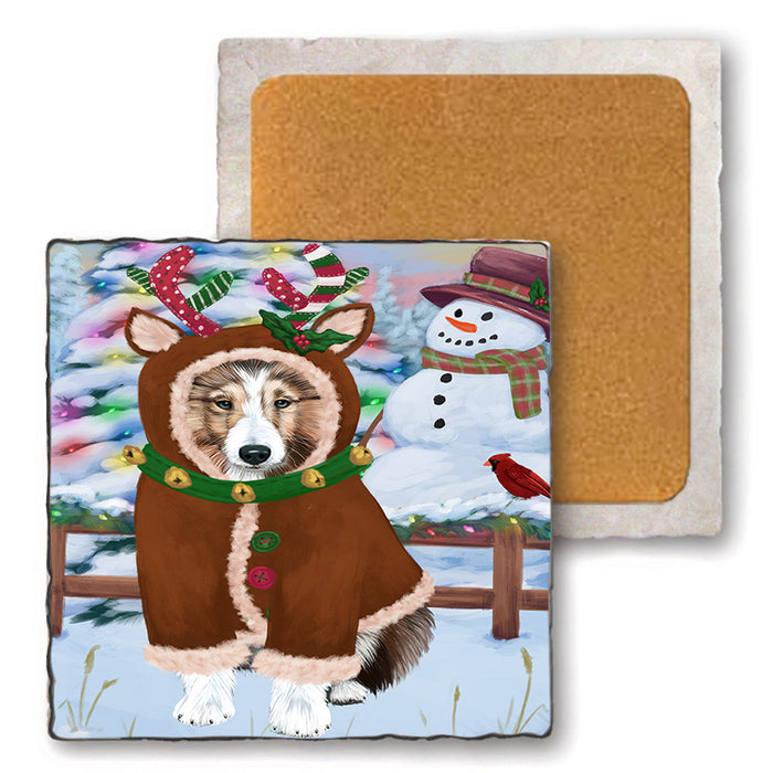 Christmas Gingerbread House Candyfest Shetland Sheepdog Set of 4 Natural Stone Marble Tile Coasters MCST51545