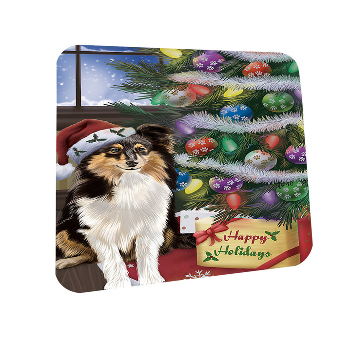 Christmas Happy Holidays Shetland Sheepdog with Tree and Presents Coasters Set of 4 CST53817