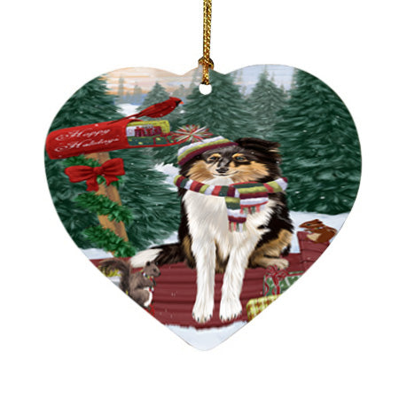 Merry Christmas Woodland Sled Shetland Sheepdog Heart Christmas Ornament HPOR55388