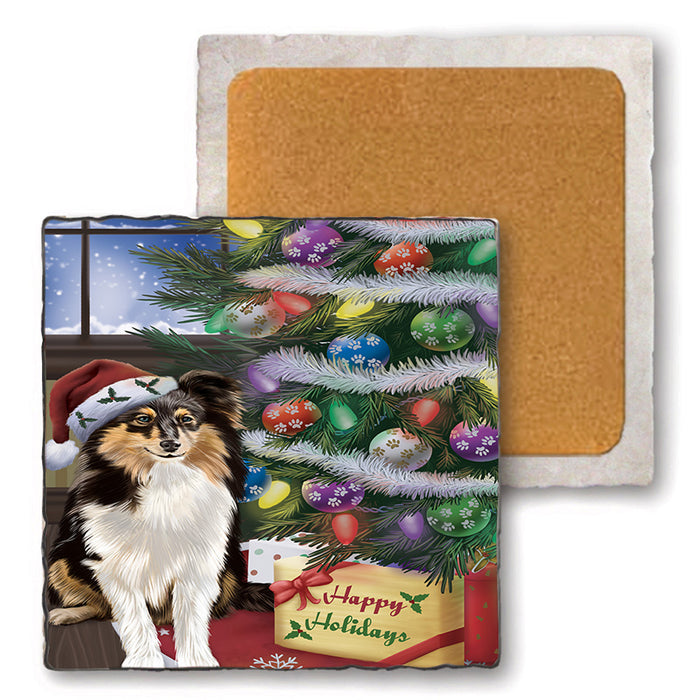 Christmas Happy Holidays Shetland Sheepdog with Tree and Presents Set of 4 Natural Stone Marble Tile Coasters MCST48859