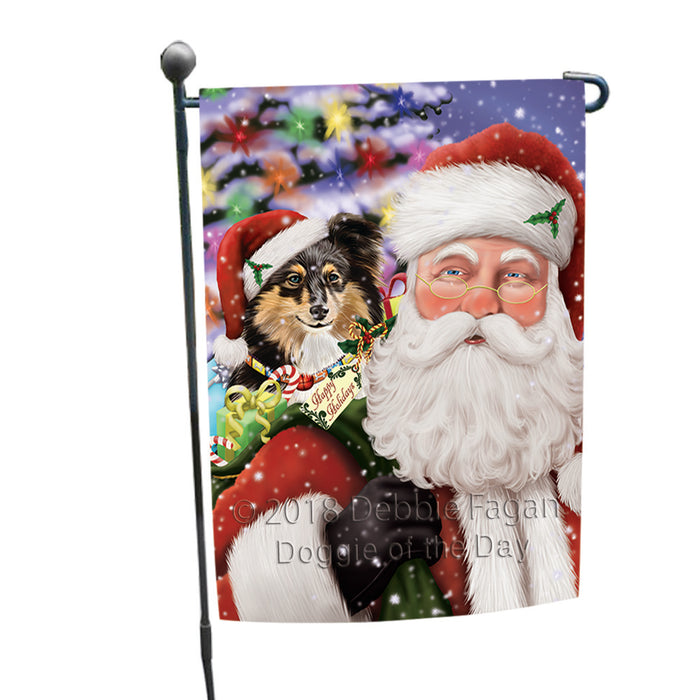 Santa Carrying Shetland Sheepdog and Christmas Presents Garden Flag GFLG54079