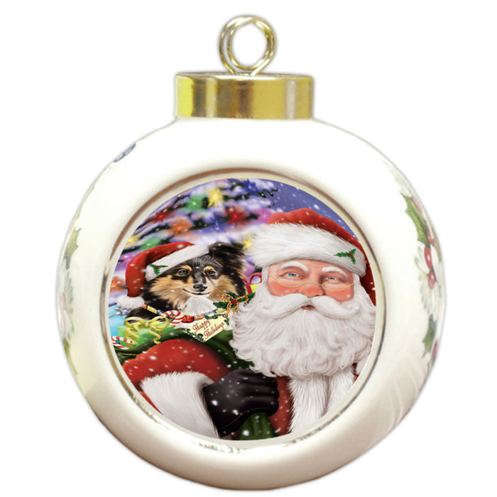 Santa Carrying Shetland Sheepdog and Christmas Presents Round Ball Christmas Ornament RBPOR54017