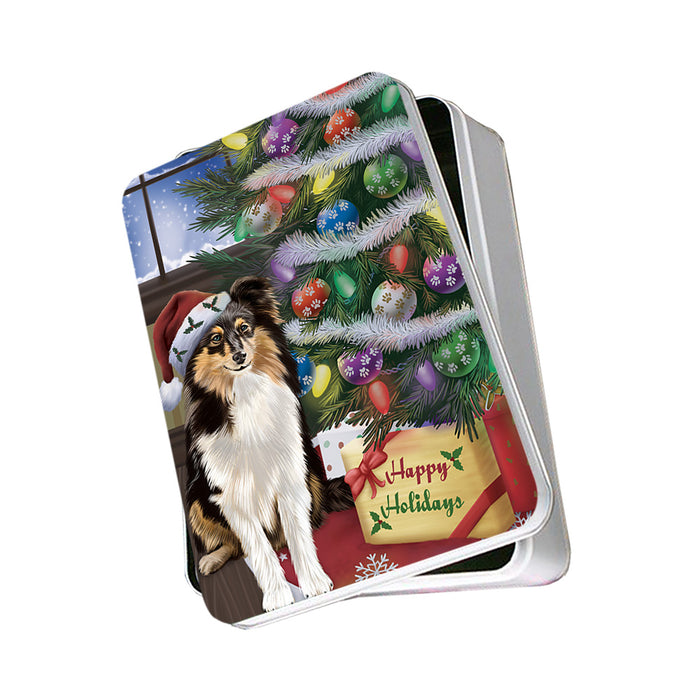 Christmas Happy Holidays Shetland Sheepdog with Tree and Presents Photo Storage Tin PITN53802
