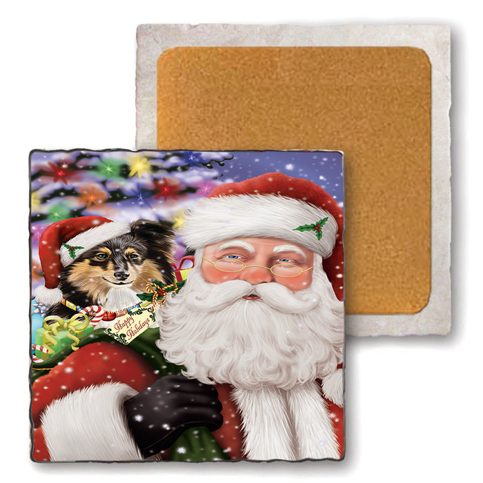 Santa Carrying Shetland Sheepdog and Christmas Presents Set of 4 Natural Stone Marble Tile Coasters MCST49017