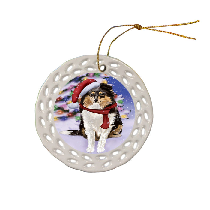 Winterland Wonderland Shetland Sheepdog In Christmas Holiday Scenic Background  Ceramic Doily Ornament DPOR53420
