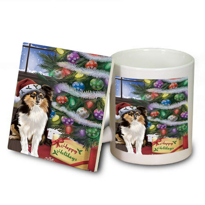 Christmas Happy Holidays Shetland Sheepdog with Tree and Presents Mug and Coaster Set MUC53851