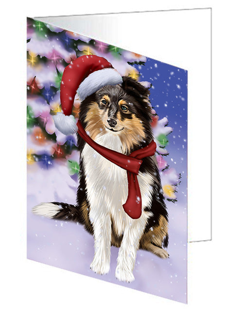 Winterland Wonderland Shetland Sheepdog In Christmas Holiday Scenic Background  Handmade Artwork Assorted Pets Greeting Cards and Note Cards with Envelopes for All Occasions and Holiday Seasons GCD64289