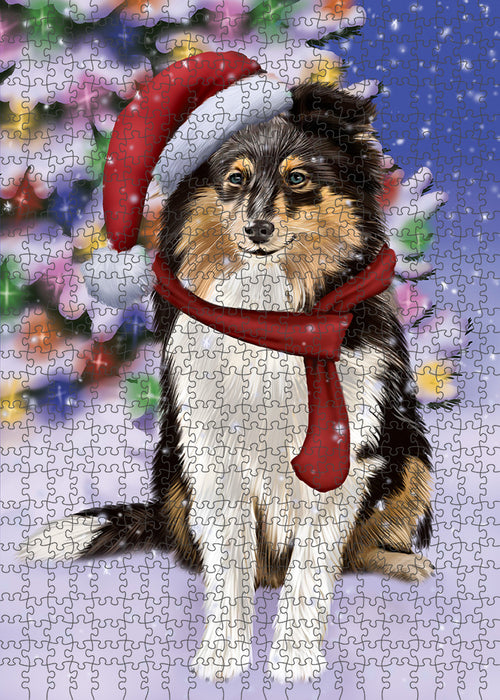 Winterland Wonderland Shetland Sheepdog In Christmas Holiday Scenic Background Puzzle with Photo Tin PUZL80836