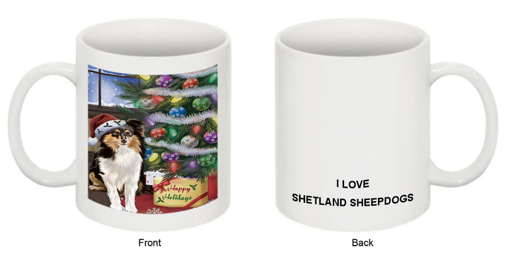 Christmas Happy Holidays Shetland Sheepdog with Tree and Presents Coffee Mug MUG49257