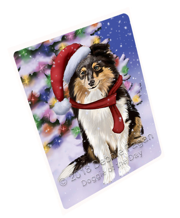 Winterland Wonderland Shetland Sheepdog In Christmas Holiday Scenic Background  Cutting Board C64704