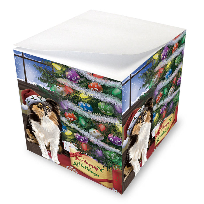 Christmas Happy Holidays Shetland Sheepdog with Tree and Presents Note Cube NOC55505