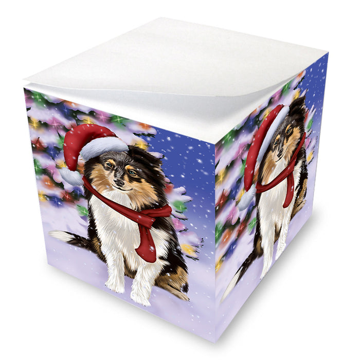 Winterland Wonderland Shetland Sheepdog In Christmas Holiday Scenic Background Note Cube NOC53420