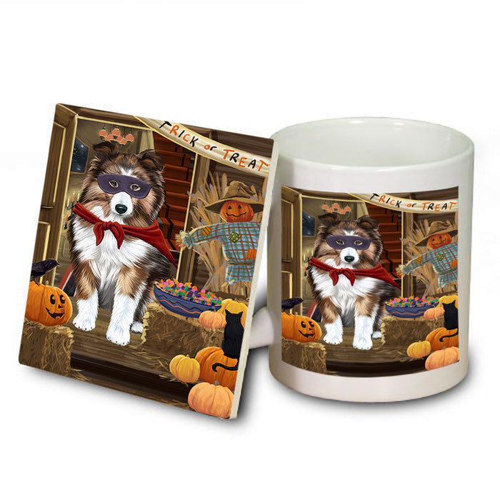 Enter at Own Risk Trick or Treat Halloween Shetland Sheepdog Mug and Coaster Set MUC53272