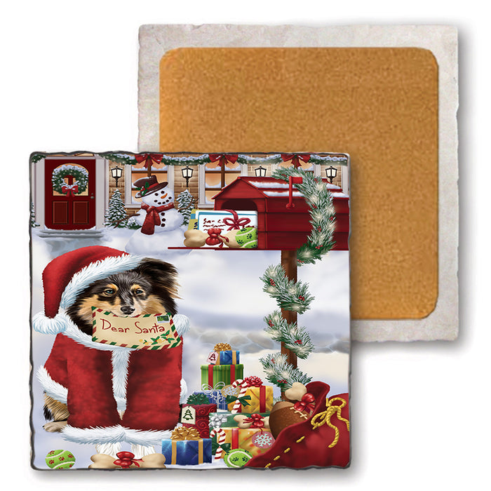 Shetland Sheepdog Dear Santa Letter Christmas Holiday Mailbox Set of 4 Natural Stone Marble Tile Coasters MCST48928